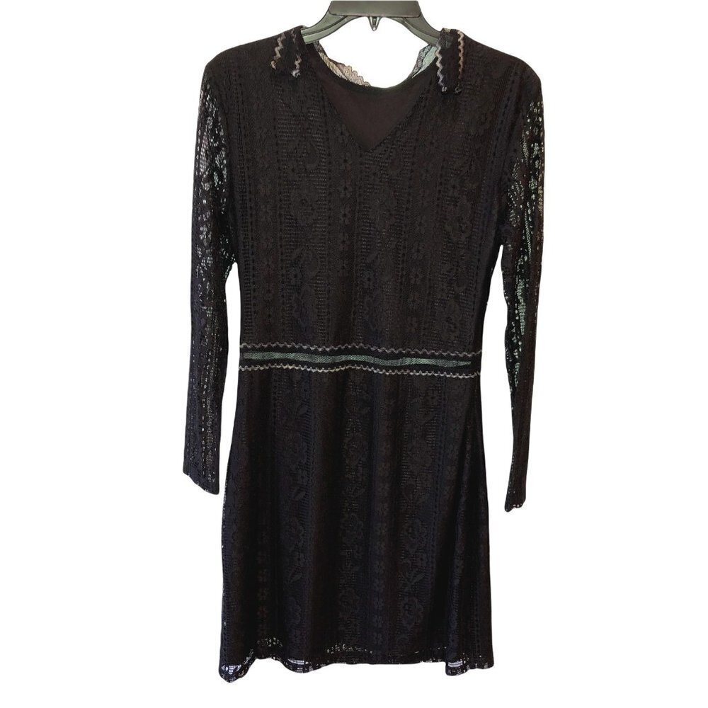 New Aphratti Womens Medium Black Floral Lace Long Sleeve V Neck A-Line Dress M